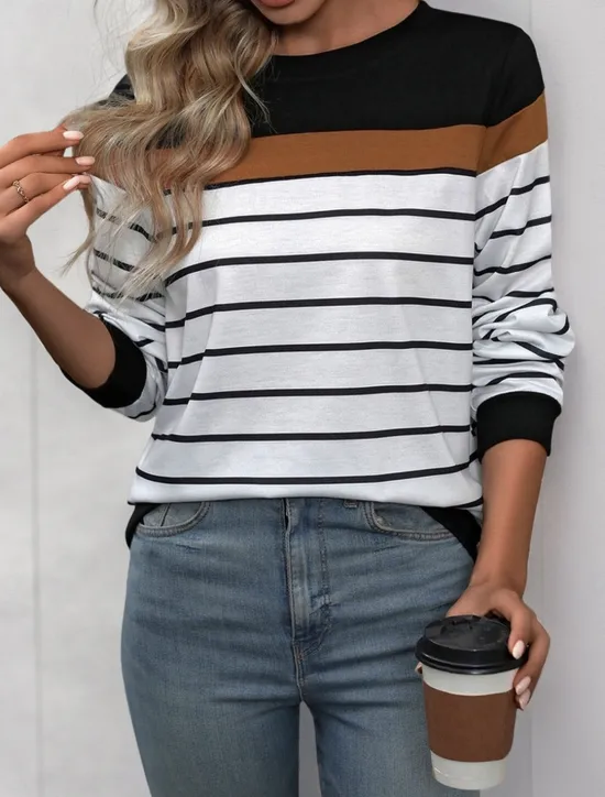 Discount Women's T Shirt Striped Fashion Modern Casual Long Sleeve Crew Neck Regular Tops Daily Weekend Fall Winter Women T-Shirts