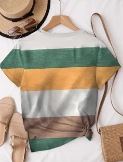 New Women's T Shirt Striped Tropical Hawaiian Casual Short Sleeve Round Neck Regular Tops Daily Sports Going out Print Summer Women Women's Tops