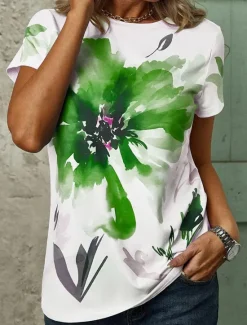 New Women's T Shirt Stylish Casual Print Short Sleeve Regular Tops Crew Neck Daily White Red Green Summer Women Spring Tops