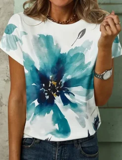 New Women's T Shirt Stylish Casual Print Short Sleeve Regular Tops Crew Neck Daily White Red Green Summer Women Spring Tops