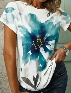 New Women's T Shirt Stylish Casual Print Short Sleeve Regular Tops Crew Neck Daily White Red Green Summer Women Spring Tops