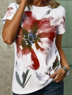 New Women's T Shirt Stylish Casual Print Short Sleeve Regular Tops Crew Neck Daily White Red Green Summer Women Spring Tops
