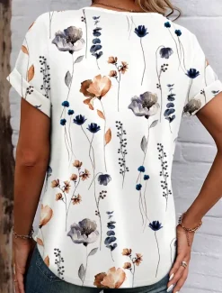 Hot Women's T Shirt Stylish Casual Floral Print Short Sleeve Regular Tops V Neck Daily Summer Women Spring Tops