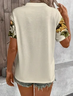 Outlet Women's T Shirt Sunflower Fashion Short Sleeve V Neck Regular Tops Daily Weekend Buttons Print Summer Women Spring Tops