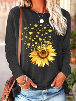 Online Women's T Shirt Sunflower Casual Long Sleeve Crew Neck Regular Tops Daily Print Spring Fall Women T-Shirts