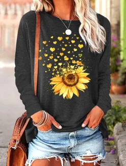 Online Women's T Shirt Sunflower Casual Long Sleeve Crew Neck Regular Tops Daily Print Spring Fall Women T-Shirts