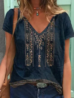 Outlet Women's T shirt Tee Geometric Daily Going out Basic Ethnic V Neck S Women Boho Tops