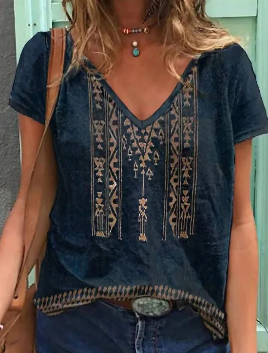 Outlet Women's T shirt Tee Geometric Daily Going out Basic Ethnic V Neck S Women Boho Tops
