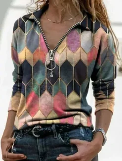 Women's T shirt Tee Blue Purple Orange Geometric Color Block Quarter Zip Print Long Sleeve Casual Daily Basic Shirt Collar Regular S Women Boho Tops
