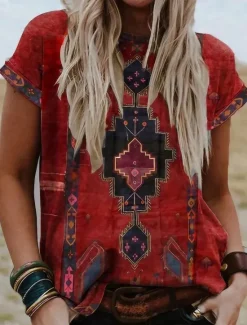Online Women's T shirt Tee Graphic Tribal Patchwork Print Short Sleeve Casual Daily Basic Boho Ethnic Round Neck Regular S Women Boho Tops