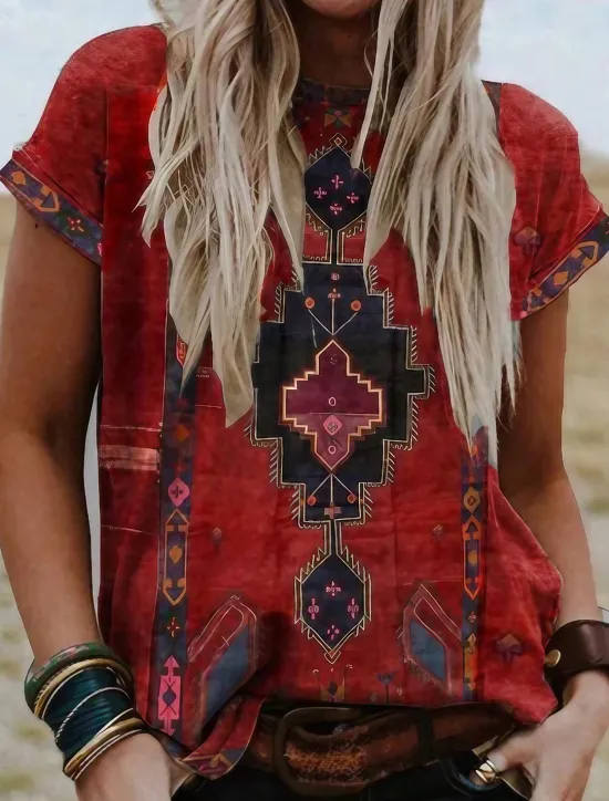 Online Women's T shirt Tee Graphic Tribal Patchwork Print Short Sleeve Casual Daily Basic Boho Ethnic Round Neck Regular S Women Boho Tops