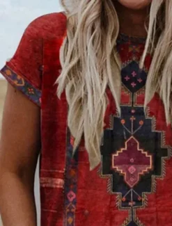 Online Women's T shirt Tee Graphic Tribal Patchwork Print Short Sleeve Casual Daily Basic Boho Ethnic Round Neck Regular S Women Boho Tops