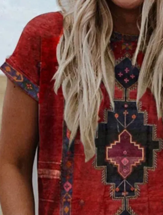Online Women's T shirt Tee Graphic Tribal Patchwork Print Short Sleeve Casual Daily Basic Boho Ethnic Round Neck Regular S Women Boho Tops