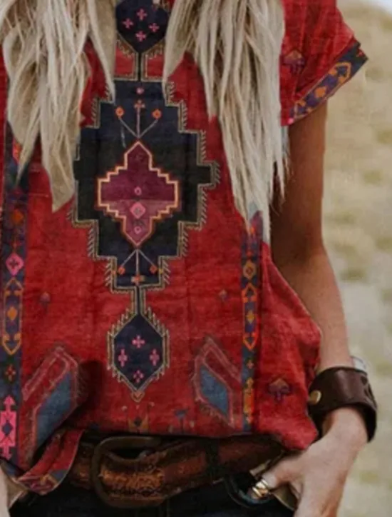 Online Women's T shirt Tee Graphic Tribal Patchwork Print Short Sleeve Casual Daily Basic Boho Ethnic Round Neck Regular S Women Boho Tops