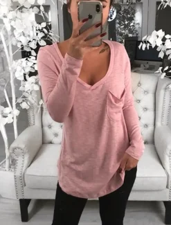 Hot Women's T shirt Tee Tunic Black White Pink Solid Colored Pocket Long Sleeve Casual Daily Basic V Neck Regular Loose Fit S Women Tunic Tops