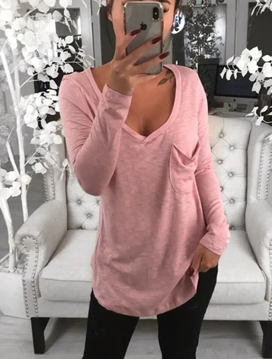 Hot Women's T shirt Tee Tunic Black White Pink Solid Colored Pocket Long Sleeve Casual Daily Basic V Neck Regular Loose Fit S Women Tunic Tops
