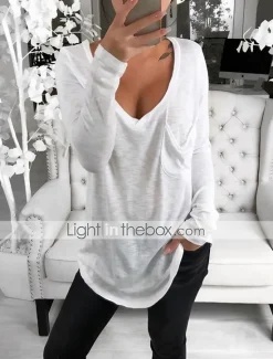 Hot Women's T shirt Tee Tunic Black White Pink Solid Colored Pocket Long Sleeve Casual Daily Basic V Neck Regular Loose Fit S Women Tunic Tops