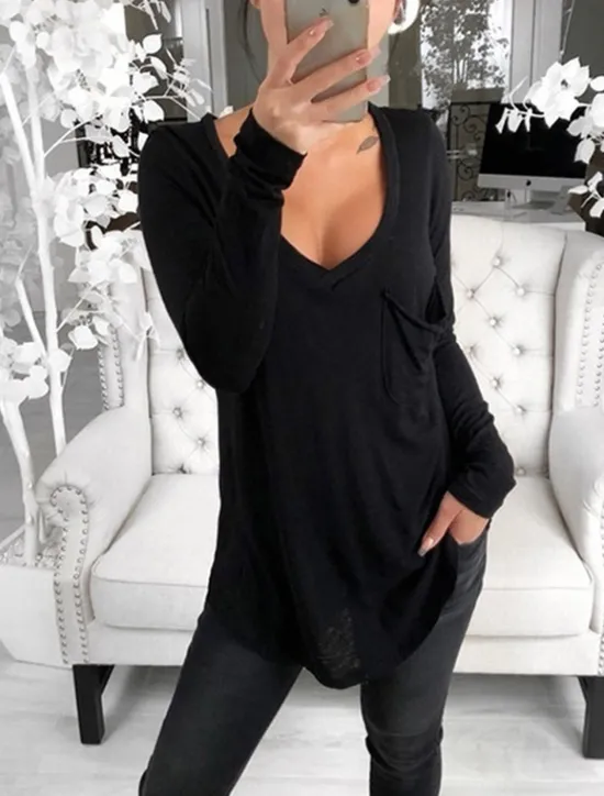Hot Women's T shirt Tee Tunic Black White Pink Solid Colored Pocket Long Sleeve Casual Daily Basic V Neck Regular Loose Fit S Women Tunic Tops