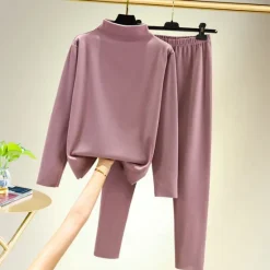 Outlet Women's T shirt Tee Undershirt Pants Sets Bottoming Shirt Casual Daily Basic Long Sleeve Crew Neck Turtleneck Black Fall & Winter Home Outfits Women Pajama-Setter