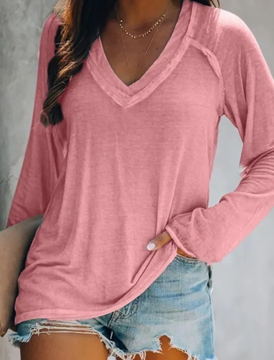 Women's T shirt Tee White Pink Blue Plain Solid Colored Patchwork Long Sleeve Daily Weekend Basic V Neck Regular Loose Fit S Women T-Shirts
