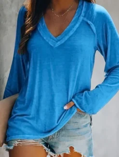 Women's T shirt Tee White Pink Blue Plain Solid Colored Patchwork Long Sleeve Daily Weekend Basic V Neck Regular Loose Fit S Women T-Shirts