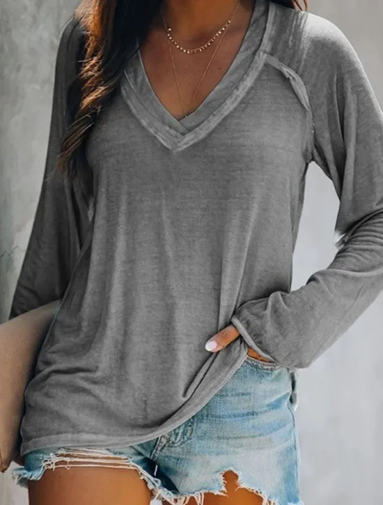 Women's T shirt Tee White Pink Blue Plain Solid Colored Patchwork Long Sleeve Daily Weekend Basic V Neck Regular Loose Fit S Women T-Shirts