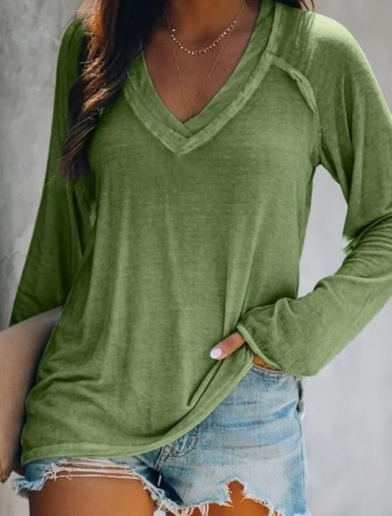 Women's T shirt Tee White Pink Blue Plain Solid Colored Patchwork Long Sleeve Daily Weekend Basic V Neck Regular Loose Fit S Women T-Shirts