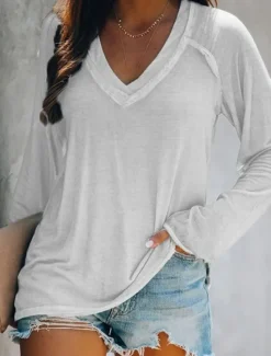 Women's T shirt Tee White Pink Blue Plain Solid Colored Patchwork Long Sleeve Daily Weekend Basic V Neck Regular Loose Fit S Women T-Shirts