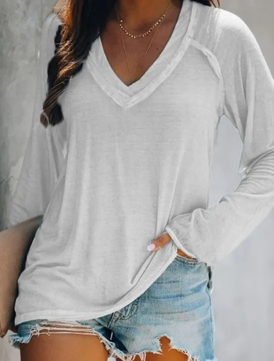 Women's T shirt Tee White Pink Blue Plain Solid Colored Patchwork Long Sleeve Daily Weekend Basic V Neck Regular Loose Fit S Women T-Shirts