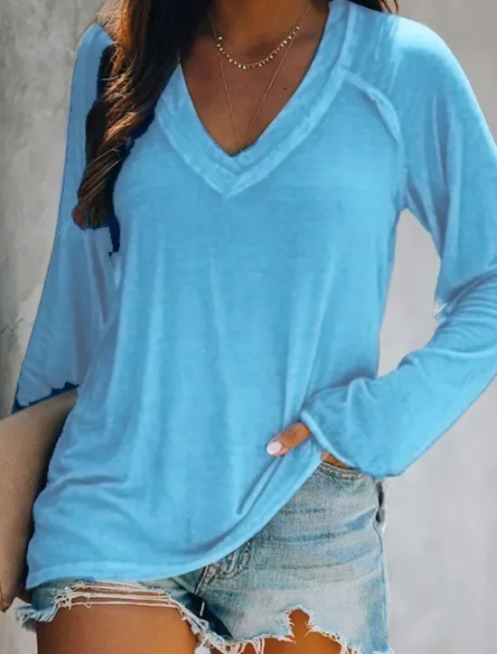 Women's T shirt Tee White Pink Blue Plain Solid Colored Patchwork Long Sleeve Daily Weekend Basic V Neck Regular Loose Fit S Women T-Shirts