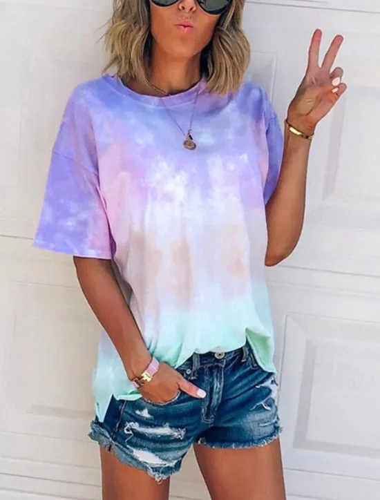 Sale Women's T Shirt Tie Dye Fashion Short Sleeve Round Neck Regular Tops Daily Weekend Print Pink Red Blue Purple Green Summer Women T-Shirts
