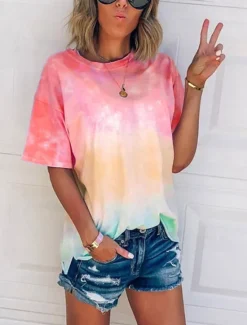 Sale Women's T Shirt Tie Dye Fashion Short Sleeve Round Neck Regular Tops Daily Weekend Print Pink Red Blue Purple Green Summer Women T-Shirts