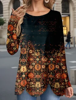 Discount Women's T Shirt Tribal Vintage Casual Long Sleeve Crew Neck Regular Tops Daily Buttons Print Asymmetrical Spring Fall Women Boho Tops