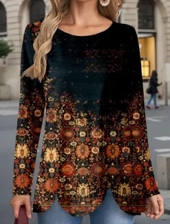 Discount Women's T Shirt Tribal Vintage Casual Long Sleeve Crew Neck Regular Tops Daily Buttons Print Asymmetrical Spring Fall Women Boho Tops