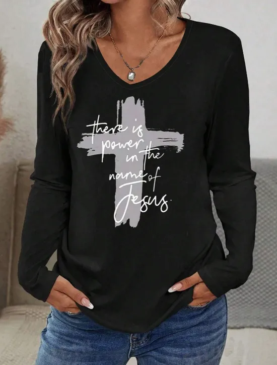 Best Women's T Shirt V Neck Long Sleeve Tunic Fashion Casual Letter Print Regular Tops Daily Spring & Fall Women T-Shirts