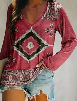 Online Women's T Shirt V Neck Long Sleeve Tunic Vintage Ethnic Print Regular Tops Vacation Yellow Pink Navy Blue Spring Fall Women Boho Tops