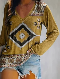 Online Women's T Shirt V Neck Long Sleeve Tunic Vintage Ethnic Print Regular Tops Vacation Yellow Pink Navy Blue Spring Fall Women Boho Tops