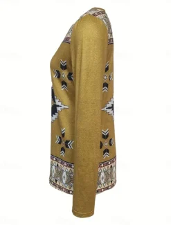 Online Women's T Shirt V Neck Long Sleeve Tunic Vintage Ethnic Print Regular Tops Vacation Yellow Pink Navy Blue Spring Fall Women Boho Tops
