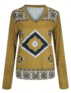 Online Women's T Shirt V Neck Long Sleeve Tunic Vintage Ethnic Print Regular Tops Vacation Yellow Pink Navy Blue Spring Fall Women Boho Tops