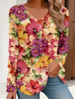 Hot Women's T Shirt V Neck Long Sleeve Tunic Floral Basic Neon & Bright Regular Tops Daily Weekend Print Red Blue Purple Green Women Spring Tops