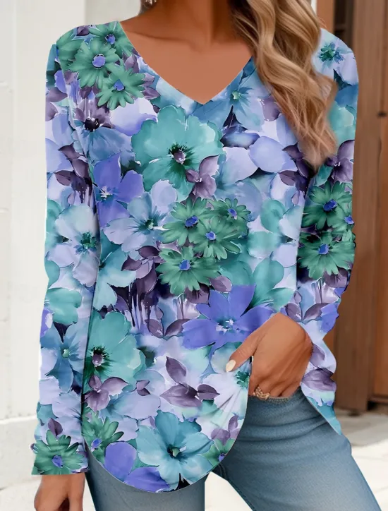 Hot Women's T Shirt V Neck Long Sleeve Tunic Floral Basic Neon & Bright Regular Tops Daily Weekend Print Red Blue Purple Green Women Spring Tops