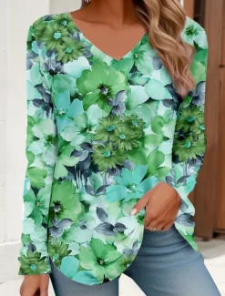 Hot Women's T Shirt V Neck Long Sleeve Tunic Floral Basic Neon & Bright Regular Tops Daily Weekend Print Red Blue Purple Green Women Spring Tops