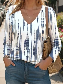 Clearance Women's T Shirt V Neck Long Sleeve Tunic Fashion Modern Casual Regular Tops Daily Weekend Print Pearl Wine Blue Purple Green Fall Winter Women Spring Tops