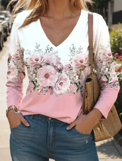 Hot Women's T Shirt V Neck Long Sleeve Tunic Floral Fashion Modern Casual Regular Tops Daily Weekend Print Black White Pink Blue Green Fall Winter Women Spring Tops