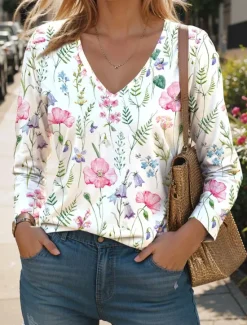 Hot Women's T Shirt V Neck Long Sleeve Tunic Fashion Modern Casual Regular Tops Daily Weekend Print White Royal Blue Blue Green Khaki Fall Winter Women Spring Tops|Boho Tops