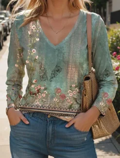 Hot Women's T Shirt V Neck Long Sleeve Tunic Fashion Modern Casual Regular Tops Daily Weekend Print White Royal Blue Blue Green Khaki Fall Winter Women Spring Tops|Boho Tops