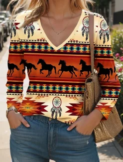 Hot Women's T Shirt V Neck Long Sleeve Tunic Fashion Modern Casual Regular Tops Daily Weekend Print White Royal Blue Blue Green Khaki Fall Winter Women Spring Tops|Boho Tops