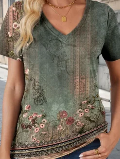 Online Women's T Shirt Vintage Casual Short Sleeve V Neck Regular Tops Daily Print Summer Spring Women T-Shirts|Boho Tops
