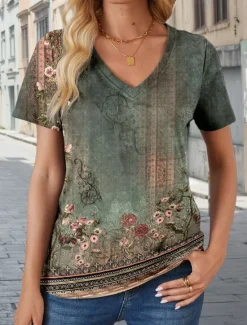 Online Women's T Shirt Vintage Casual Short Sleeve V Neck Regular Tops Daily Print Summer Spring Women T-Shirts|Boho Tops