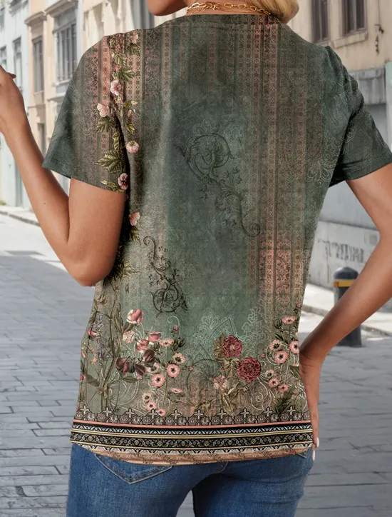 Online Women's T Shirt Vintage Casual Short Sleeve V Neck Regular Tops Daily Print Summer Spring Women T-Shirts|Boho Tops